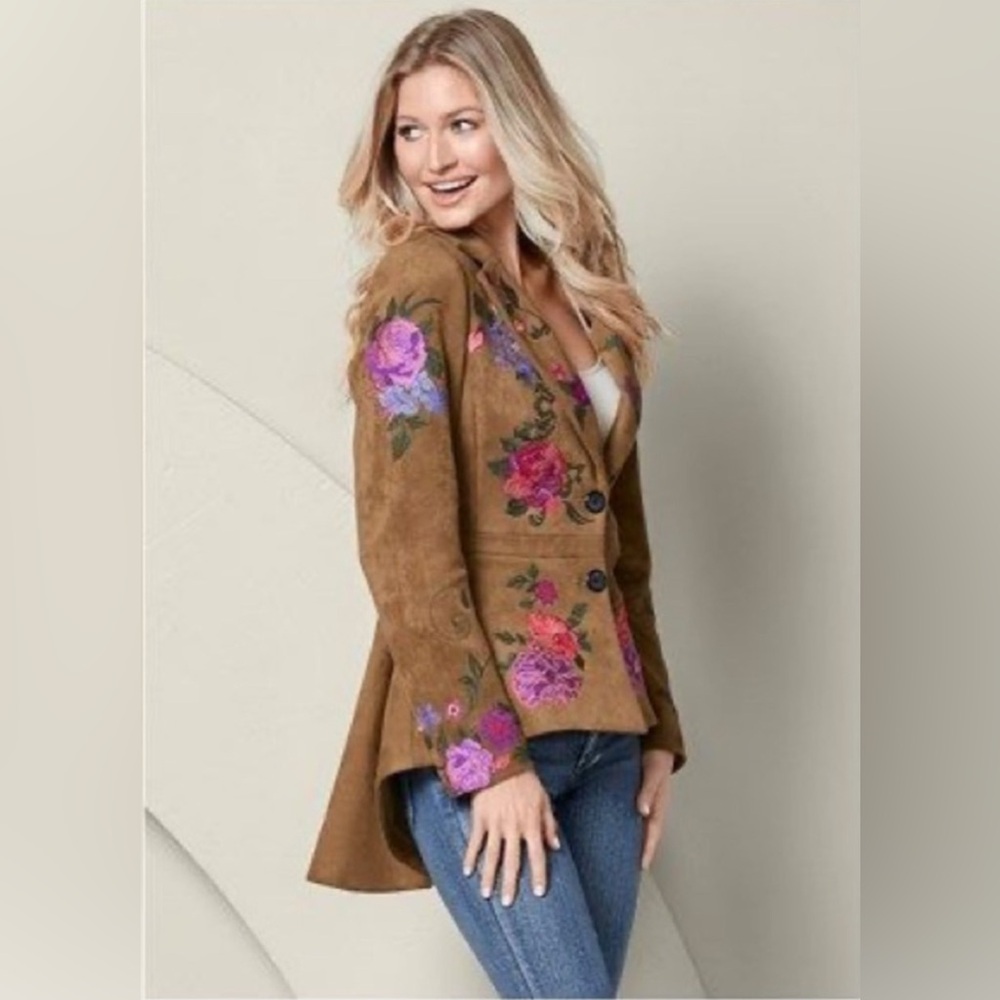 VENUS Faux Brown Suede Floral Embroidered Blazer Jacket Size 22 (fits smaller)